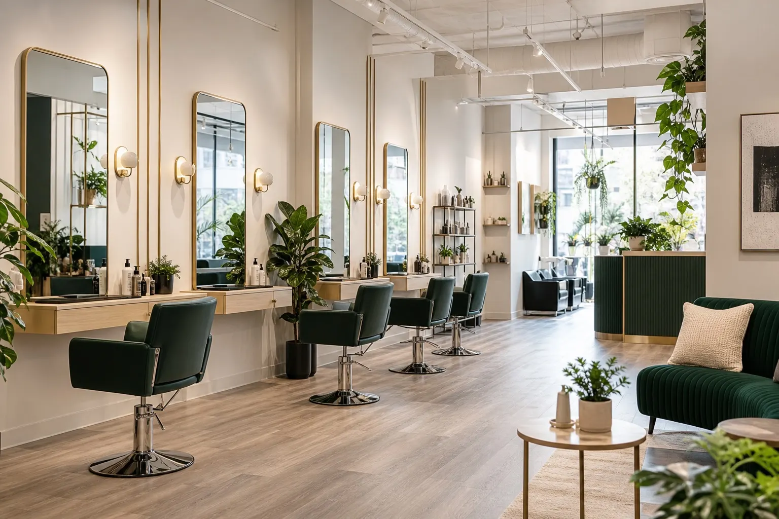 Busy salon floor with stylists and stations during a typical day