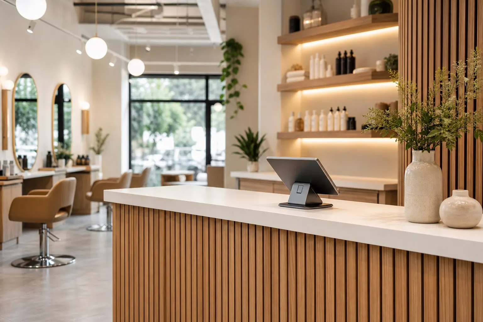 Salon reception desk with POS checkout at the counter